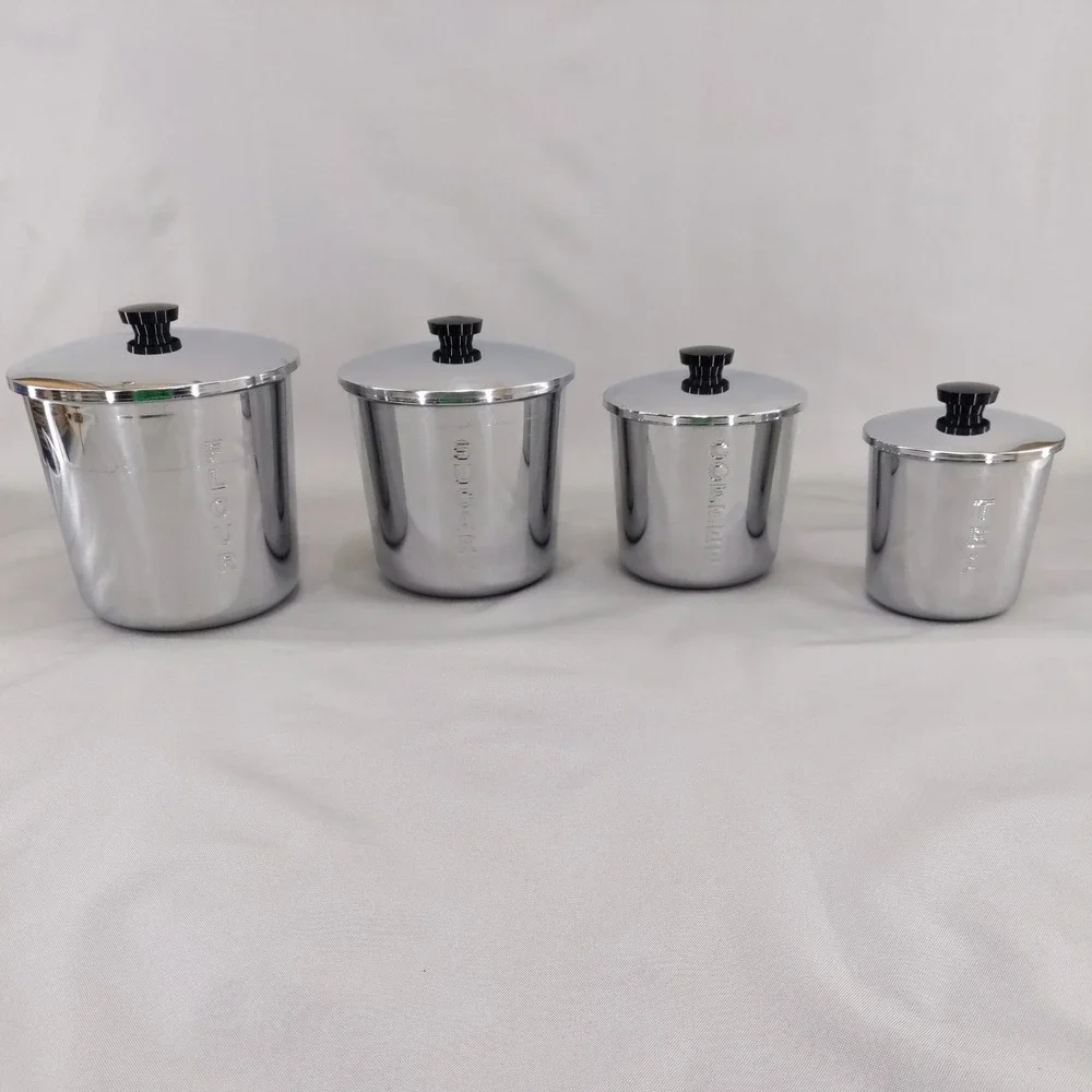 vtg Everedy Canister Set Silver Chrome 4 Piece Nesting Flour Sugar Coffee Tea